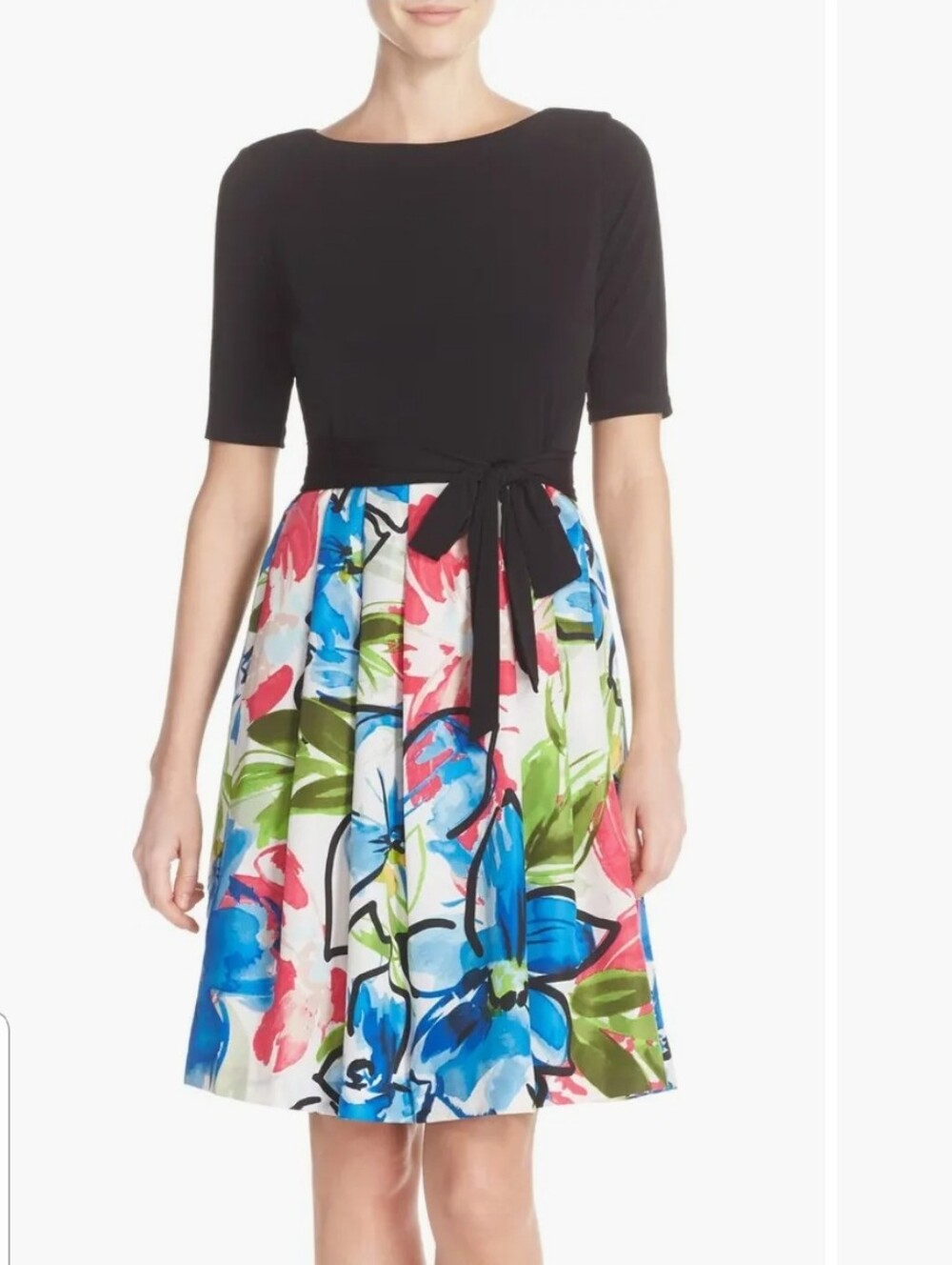 Ellen Tracy Black Painterly Floral Print Midi Dress Womens Size 8 & 10